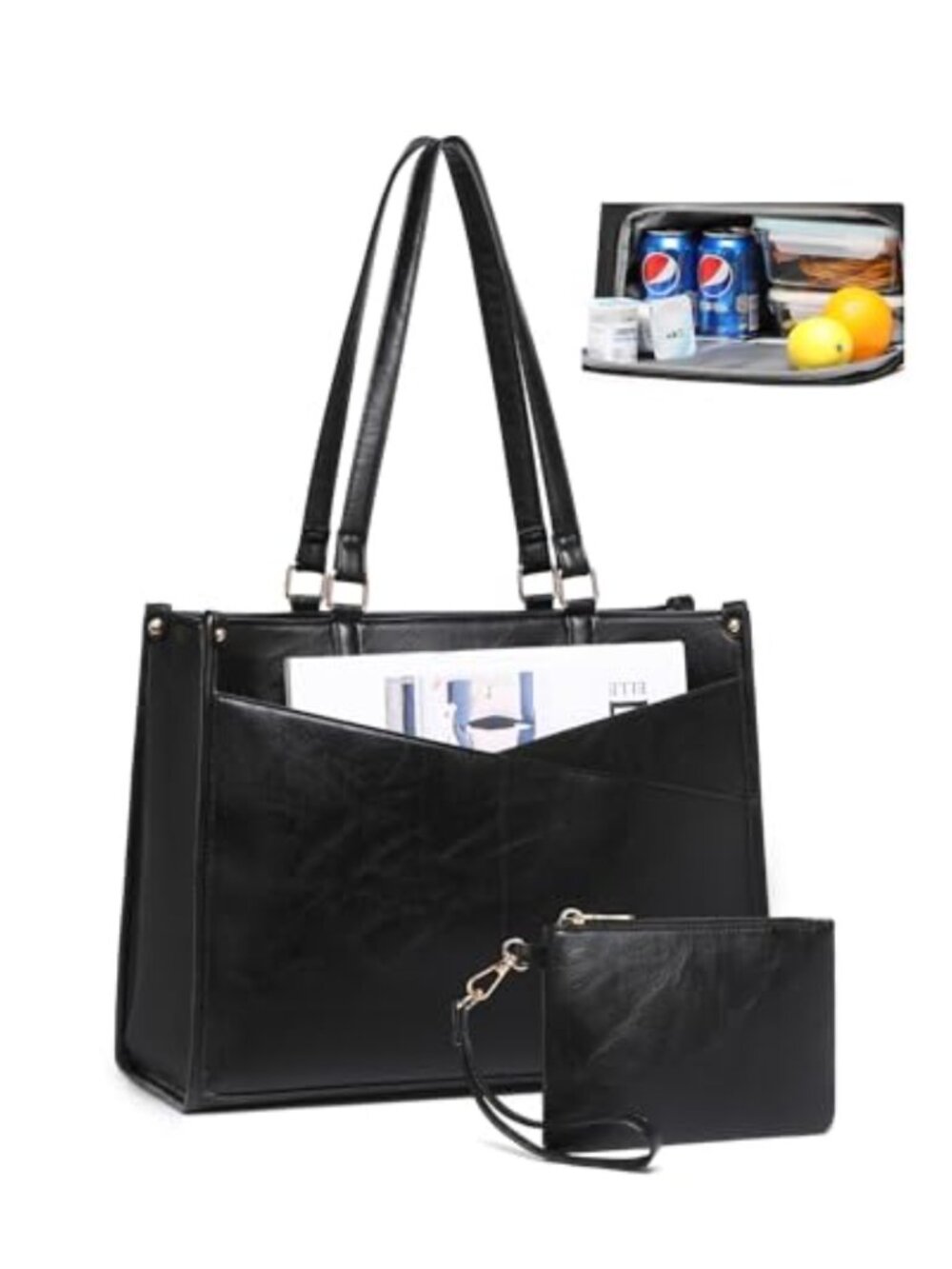 Insulated Lunch Tote Bag PU Leather 17.3" Laptop Quilted Purse Combo